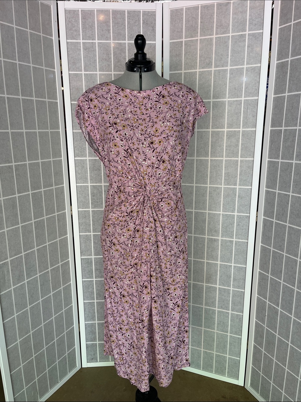 LOFT Pink Floral Twist-Waist Midi Dress S8 EUC